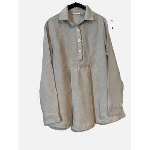 WhiteWash Women Grey 100% Linen V Neck Pullover Long Sleeve Blouse Size XS.